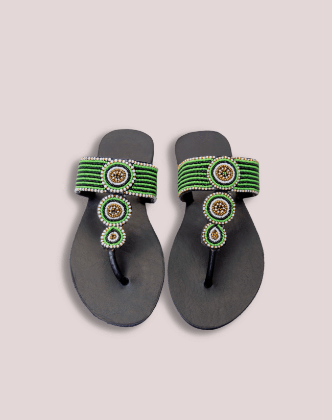 Green smooth circle leather glass bead Footwear
