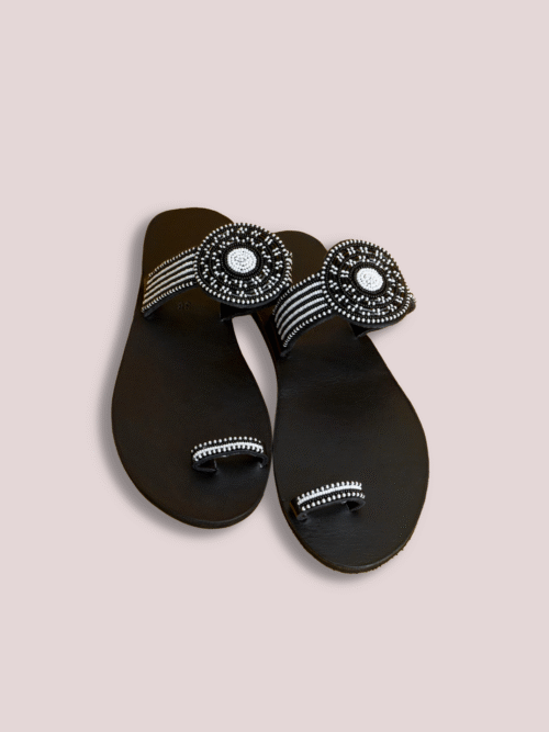 Black and white leather glass bead Footwear