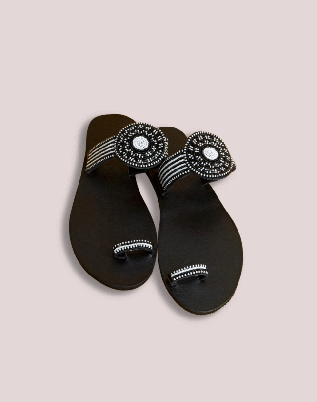 Black and white leather glass bead Footwear